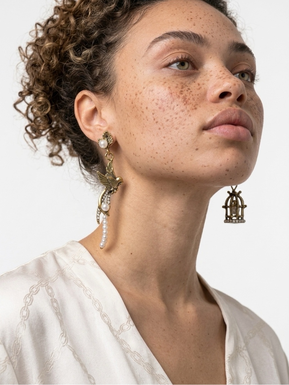 Antique Gold Bridgerton-Style Mismatched
Bird and Birdcage Pearl Drop Earrings